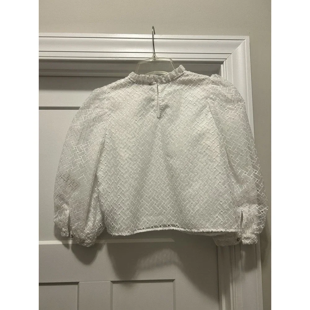 Zara White High Neck Blouse with Layer Embroidered Puff 3/4 Sleeves Size Medium